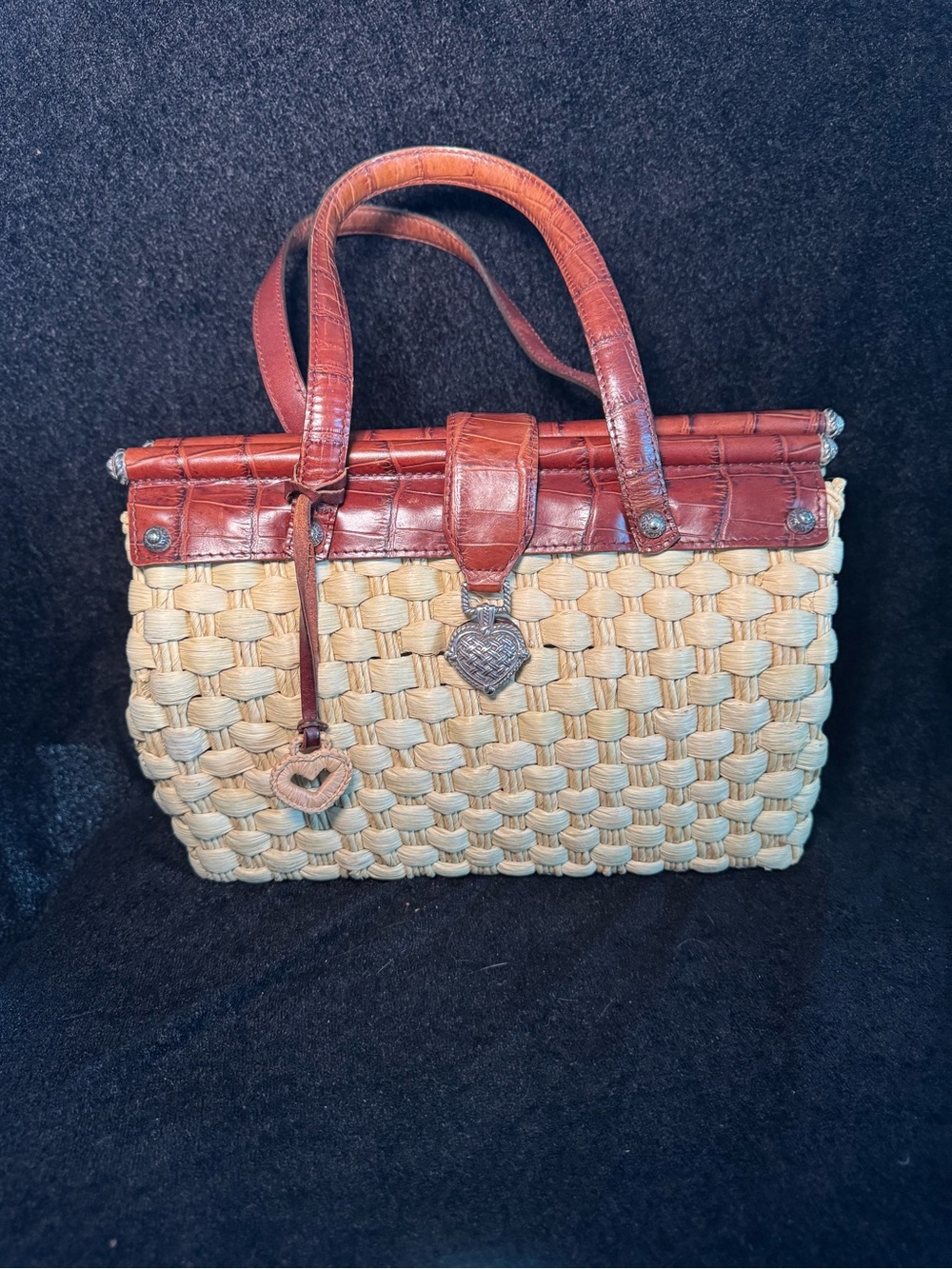 Brighton Tan Leather Trim Woven Natural Tote
